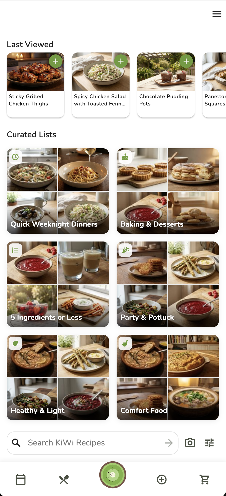 KiWi Recipes discover screen showing curated recipe lists